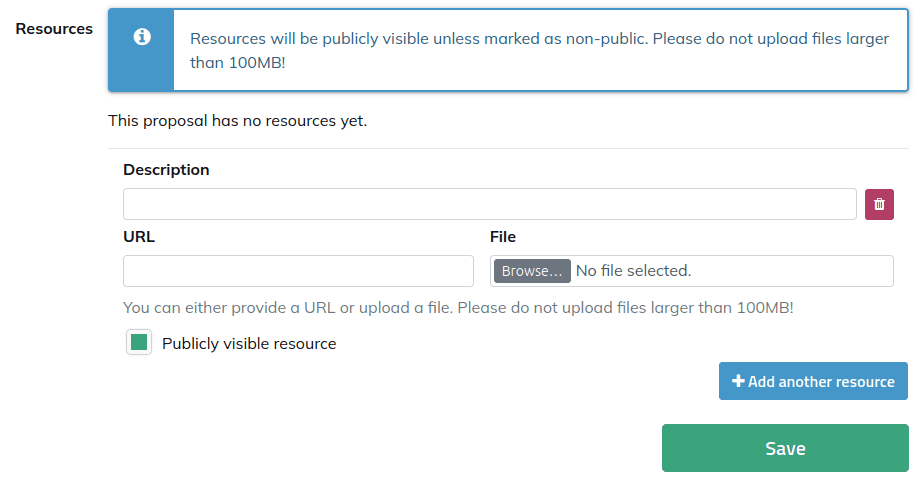 Screenshot of the “Resources” section in Pretalx showing a file upload form with Description, URL and File fields and a checked checkbox labelled “Publicly visible resource”.